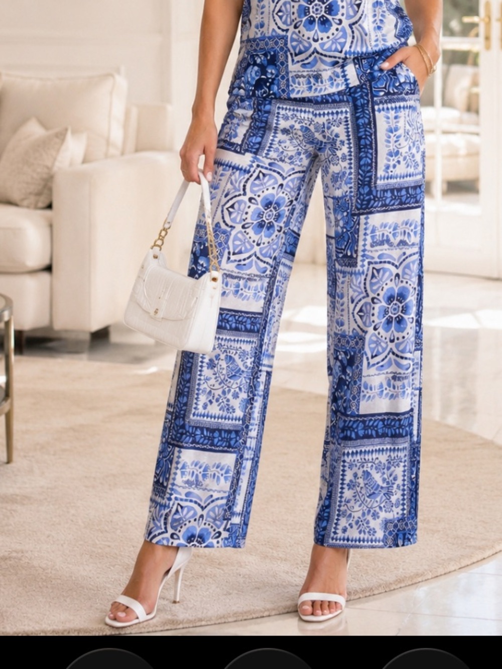 New Johnny Was Blue and White Tile-Print Wide-Leg Pants size XS